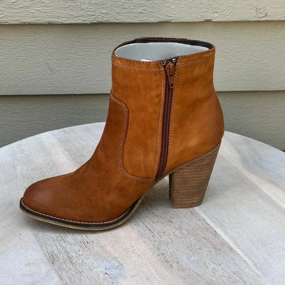 Aldo Olenalla Cognac Brown Leather Ankle Boots Block Heel Gold Zip Women 8.5 39 - Picture 9 of 14